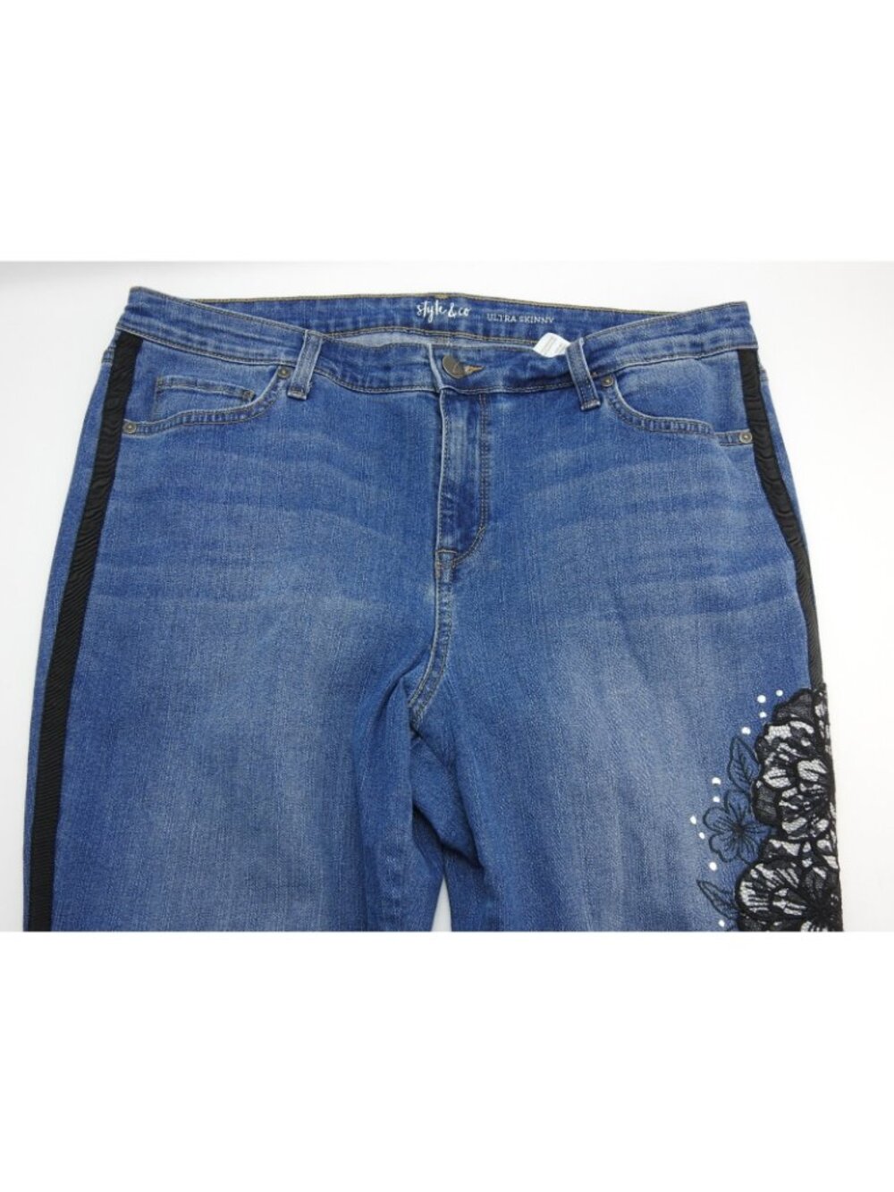 Style  Co Ultra Skinny Jeans Womens 14 Blue Lace Floral Side Stripe Stretch Deni - Picture 10 of 13